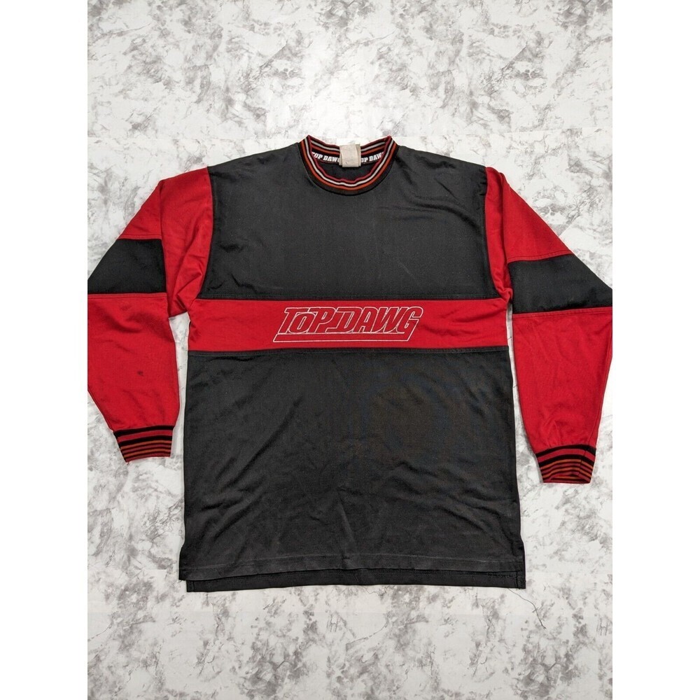 VINTAGE 90s Top Dawg Mens Jersey Sweatshirt Black Red Spell Out Long Sleeve